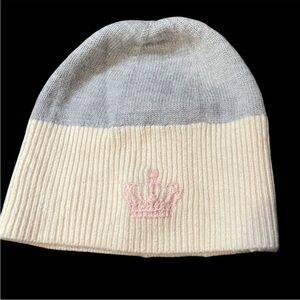 Juicy Couture Beanie Hat Wool Gray Cream Pink Embroidered Crown big girl OS